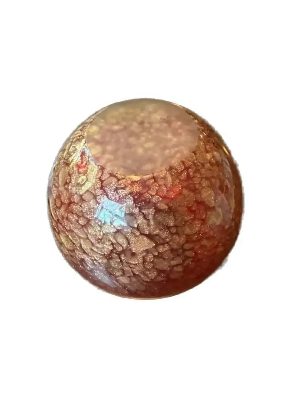 Hand Blown Art Glass Red and Gold Flecked Sphere Vase, approx 6” tall